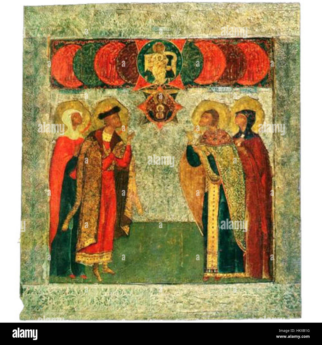 This icon, created before 1589, depicts the family of Boris Godunov, a significant figure in Russian history. The painting reflects the traditional Russian iconographic style and religious significance, offering a glimpse into the cultural and political history of the time. Stock Photo