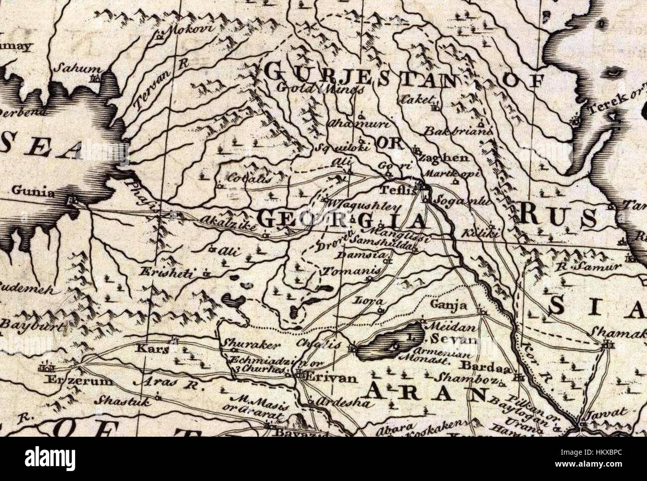 This map by Emanuel Bowen from 1747 depicts Persia and its adjacent countries, offering a detailed view of the region during the 18th century. The map highlights geographical features, political boundaries, and the artistic style of mapmaking in the period. Stock Photo