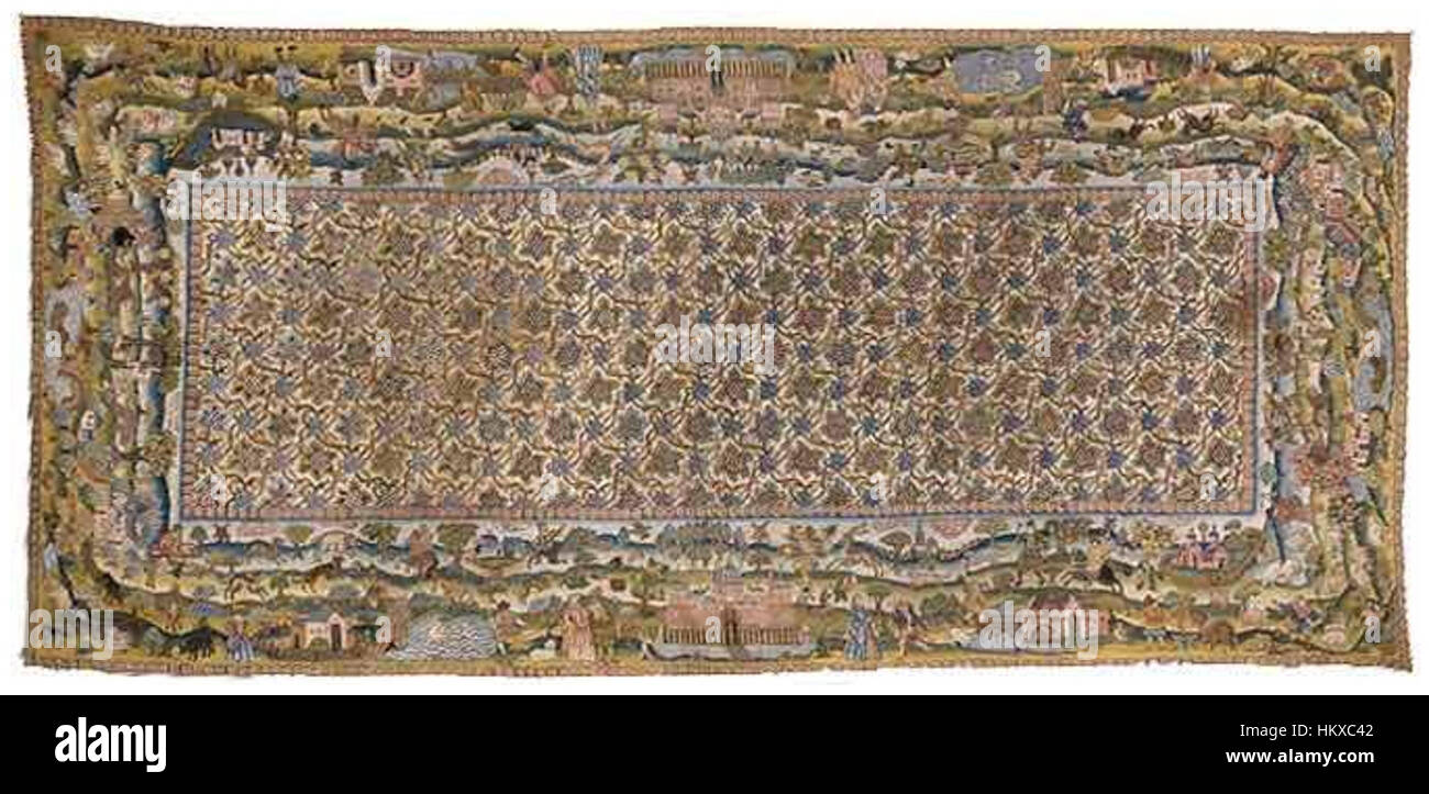 The Bradford table carpet, dated 1928, is a fine example of early 20th-century textile design. Known for its intricate patterns and high-quality craftsmanship, this carpet represents the artistic textile heritage of Bradford, a center for textile production in England. Stock Photo