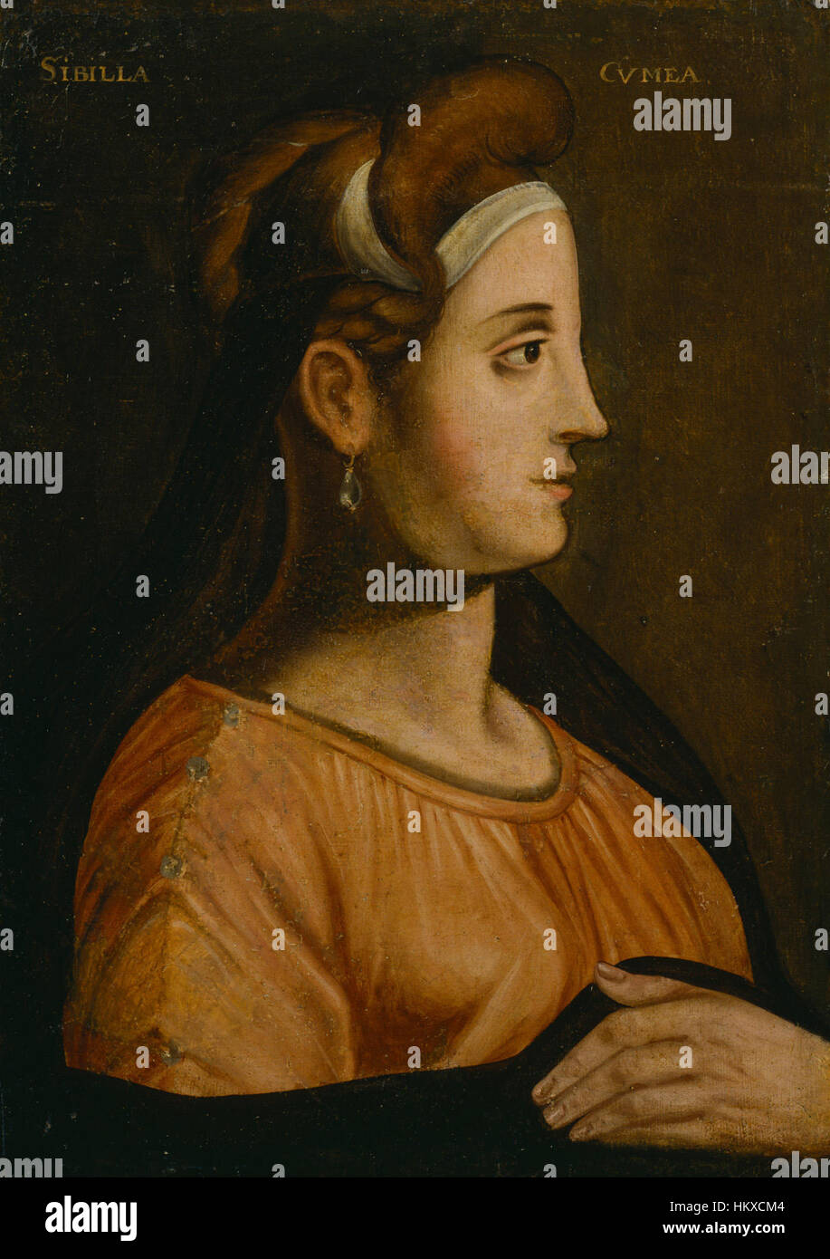 This painting by the British School depicts the Cumaean Sibyl, a figure from ancient Roman mythology, often associated with prophetic abilities. The artwork reflects classical themes and mythological iconography. Stock Photo