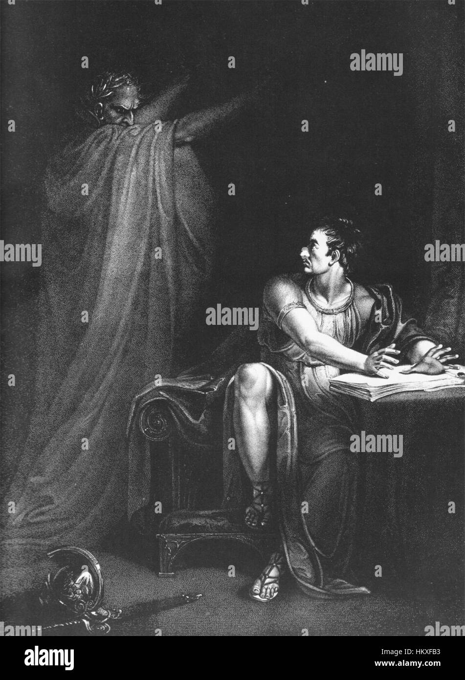 The 1802 painting 'Brutus and the Ghost of Caesar' portrays the Roman historical scene where Brutus is confronted by the ghost of Julius Caesar. The artwork reflects the dramatic intensity of Roman history, focusing on emotion and classical themes. Stock Photo