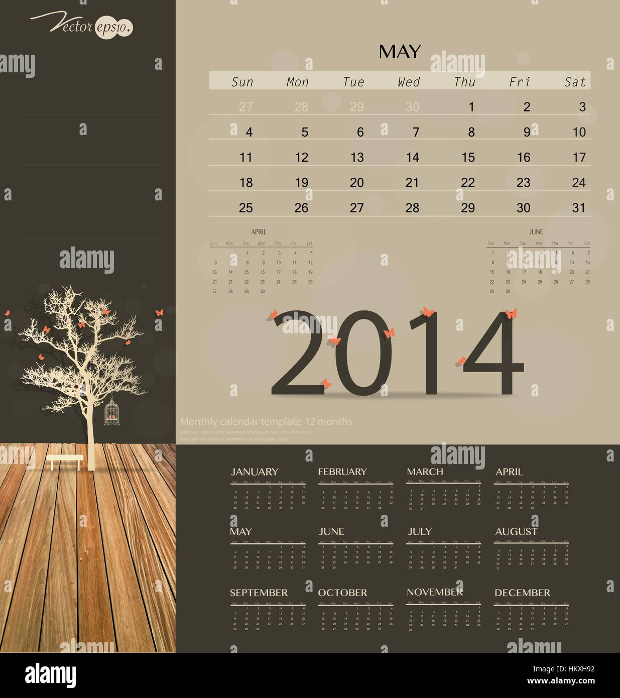 2014 calendar monthly calendar template for may vector illustration