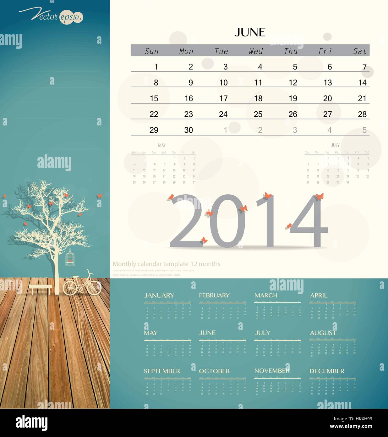 2014 calendar, monthly calendar template for June. Vector illustration ...