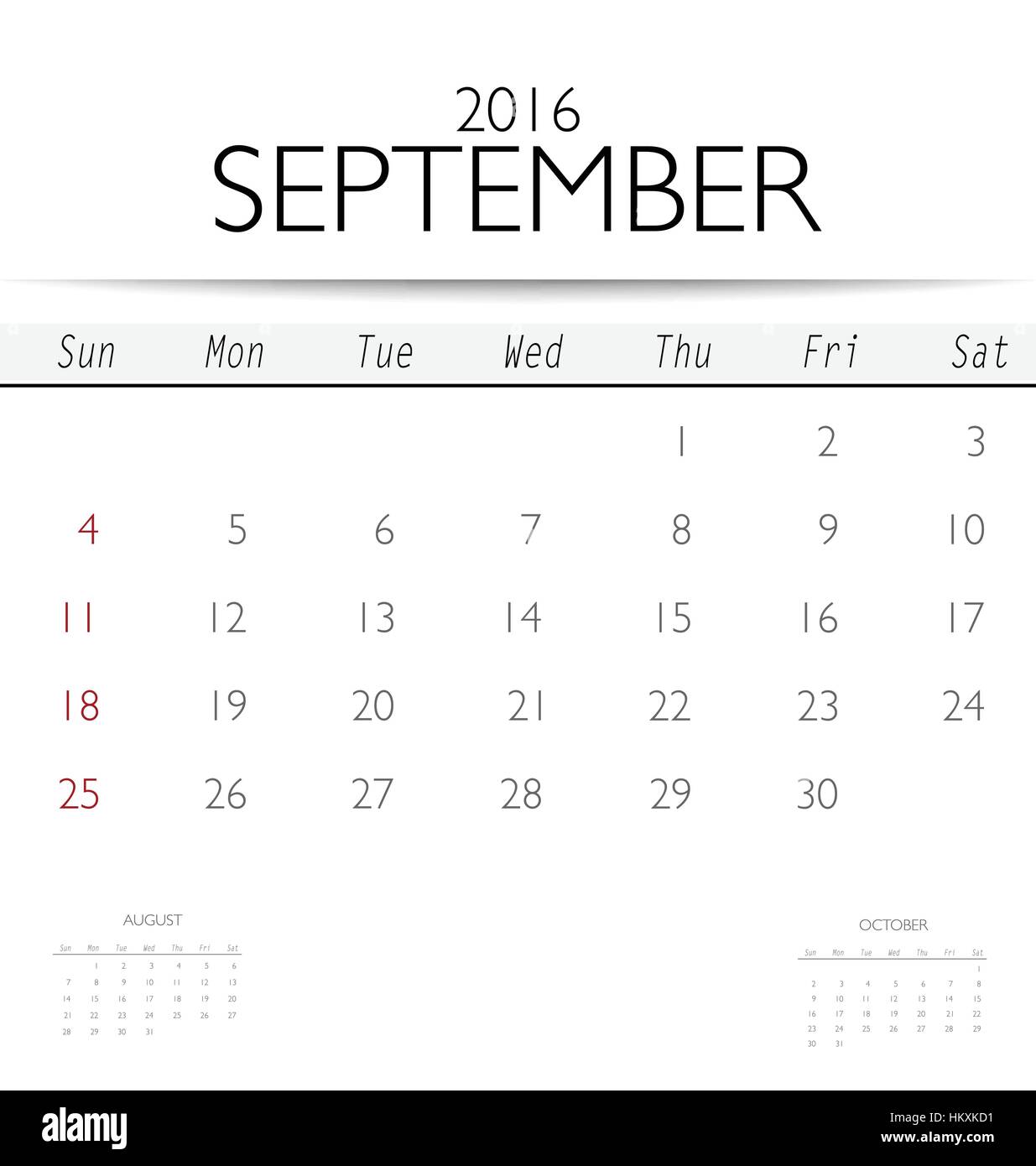 2016 calendar, monthly calendar template for September. Vector ...