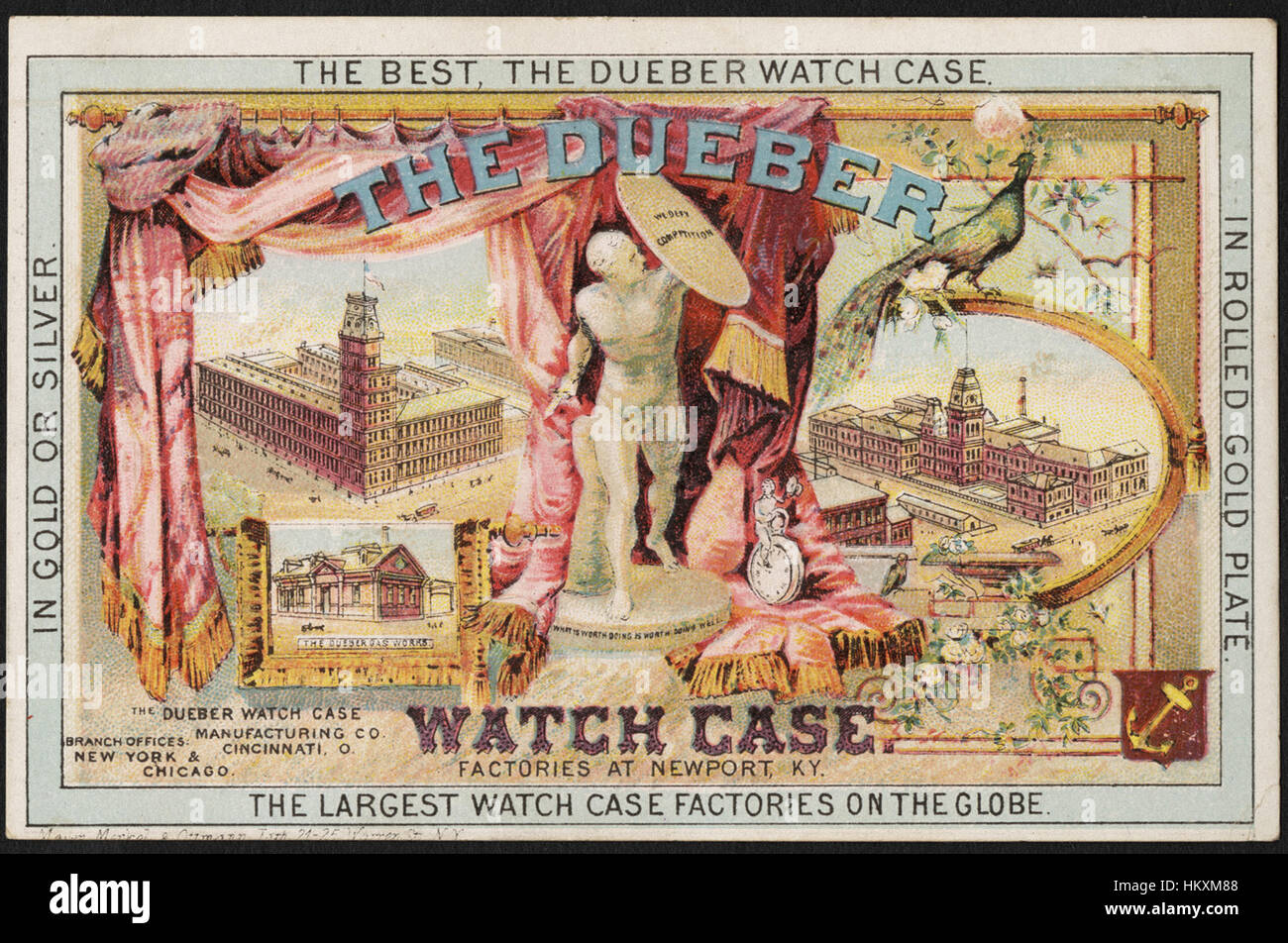 The Dueber watch case. The best, the Dueber watch case. In gold or silver, in rolled gold plate, the largest watch case factories on the globe. Stock Photo