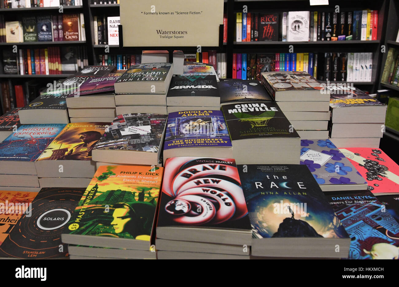 Science fiction titles on display at the Waterstones book shop in Trafalgar Square, London. Stock Photo