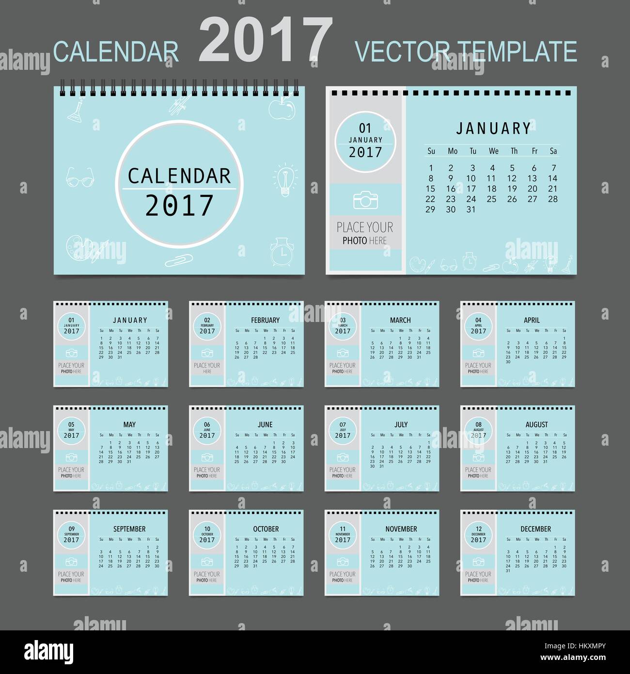 2017 Calendar planner, vector design template. Set of 12 months. Week ...