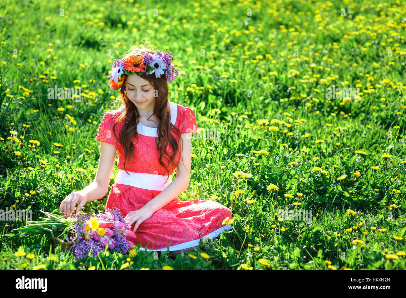 young woman in a red dress lying on the grass in the Meadow Stock Photo ...