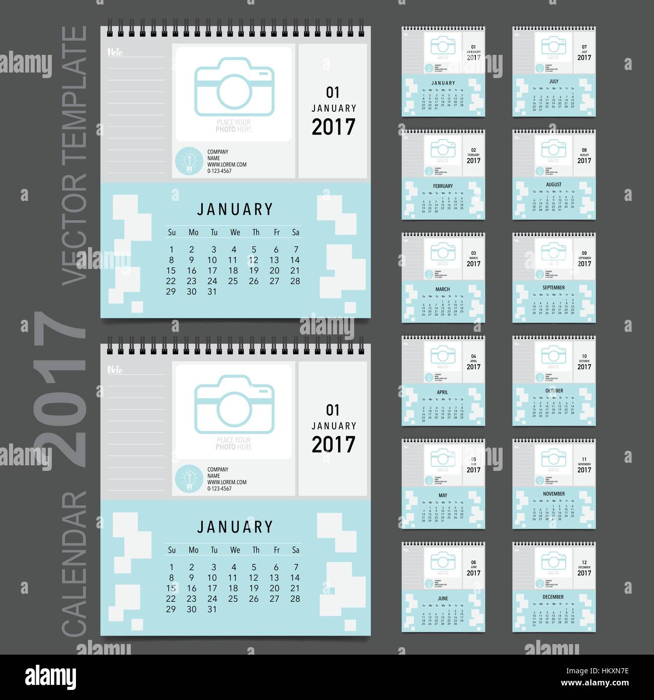 2017 Calendar planner, vector design template. Set of 12 months. Week ...