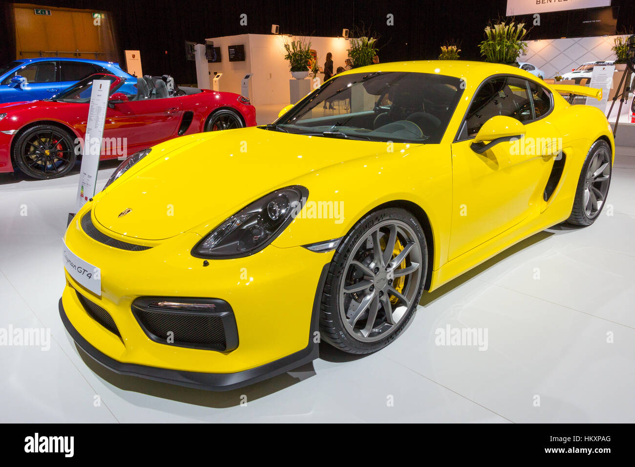 AMSTERDAM - APRIL 16, 2015: New 2016 Porsche Cayman GT4 sports car at the AutoRAI 2015. Stock Photo