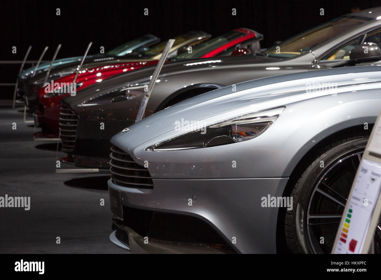 AMSTERDAM - APRIL 16, 2015: Row of Aston Martin sports cars at the AutoRAI 2015. Stock Photo