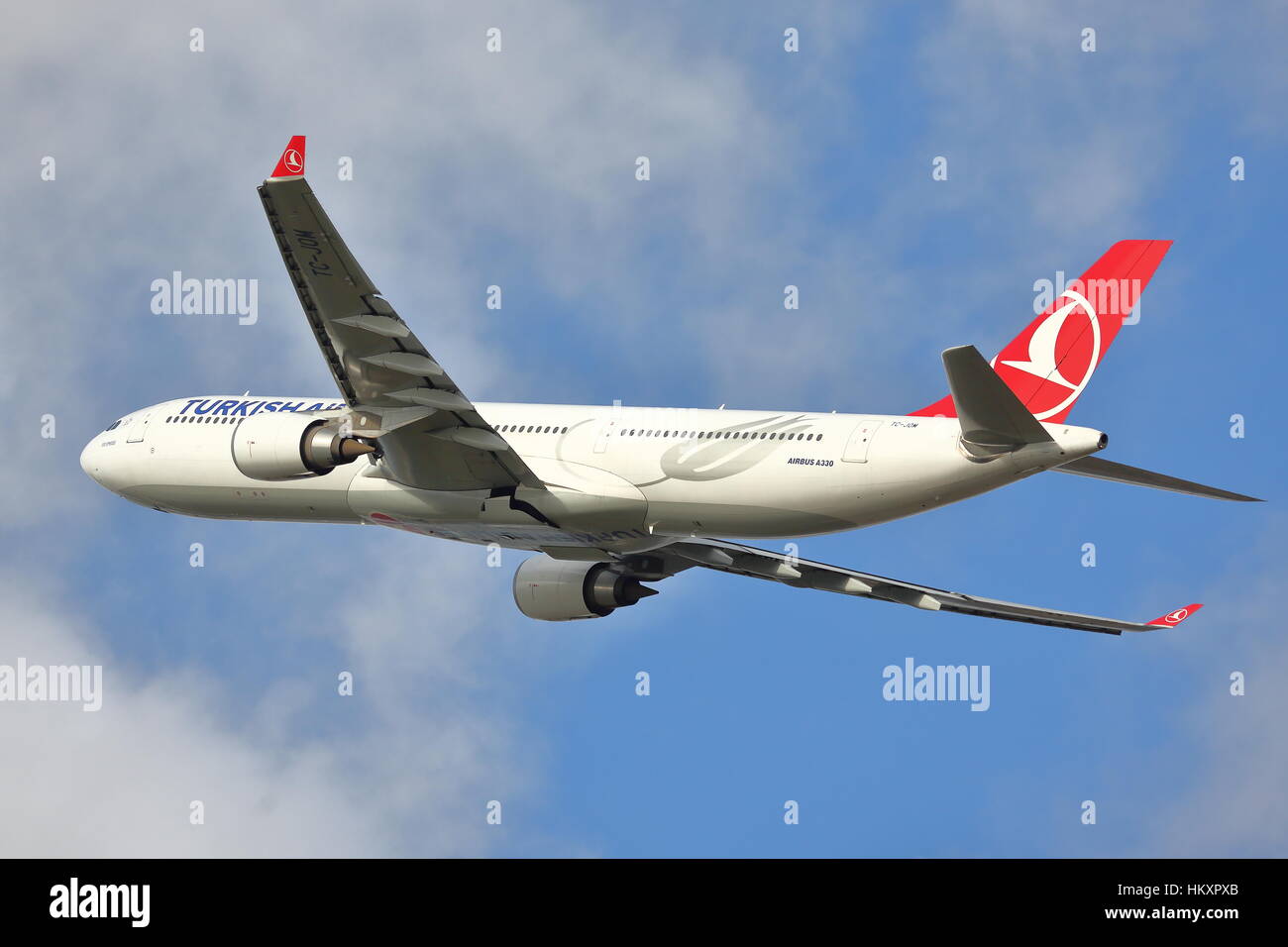 Turkish Airlines Airbus A330-300 TC-JOM departing from London Heathrow Airport, UK Stock Photo