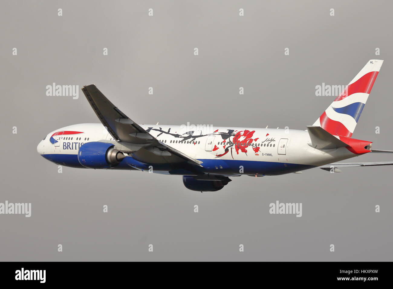 British Airways Boeing 777-200(ER) G-YMML departing from Heathrow Airport, London, UK Stock Photo