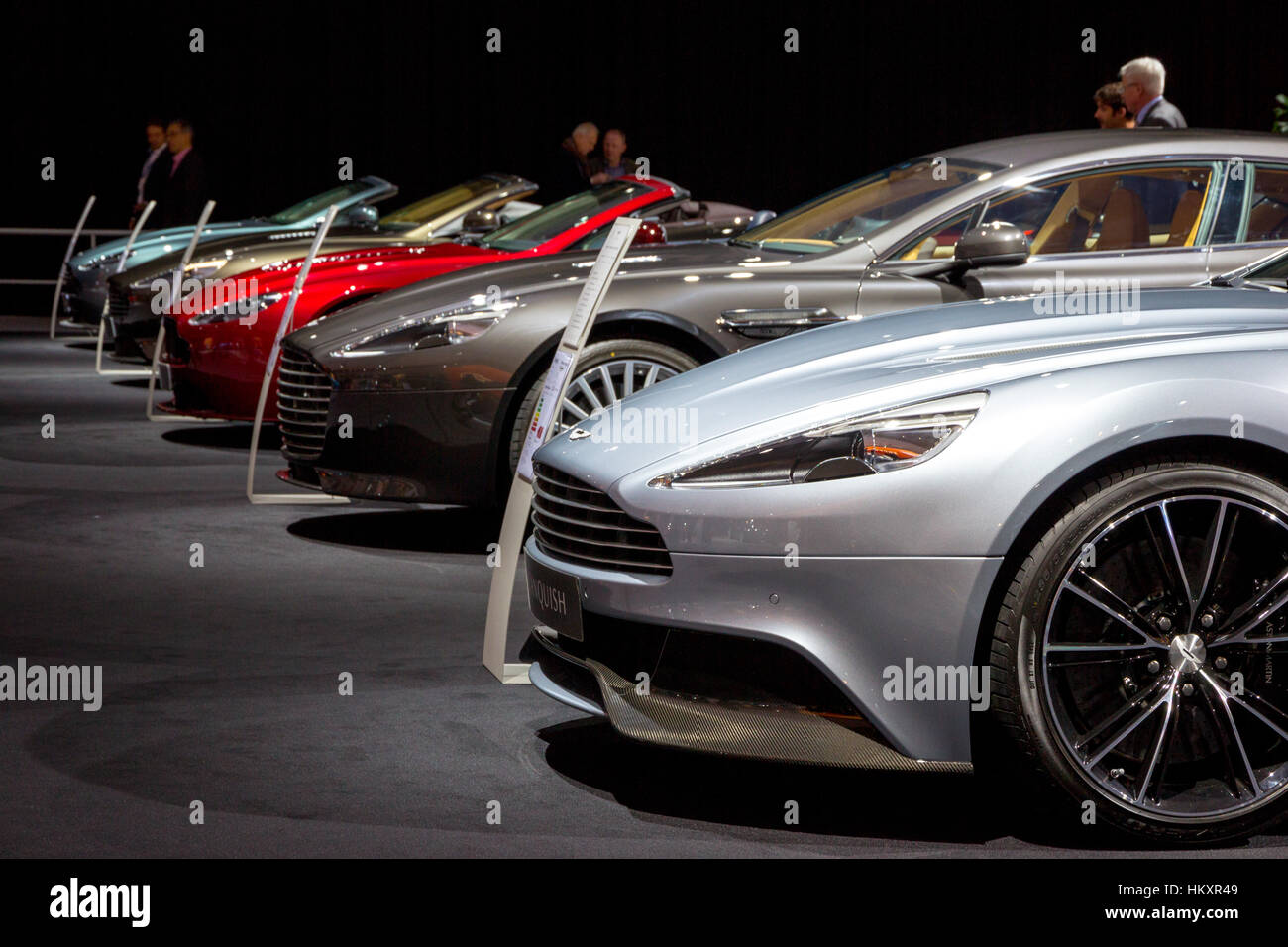 AMSTERDAM - APRIL 16, 2015: A row of Aston Martin cars at the AutoRAI 2015. Stock Photo