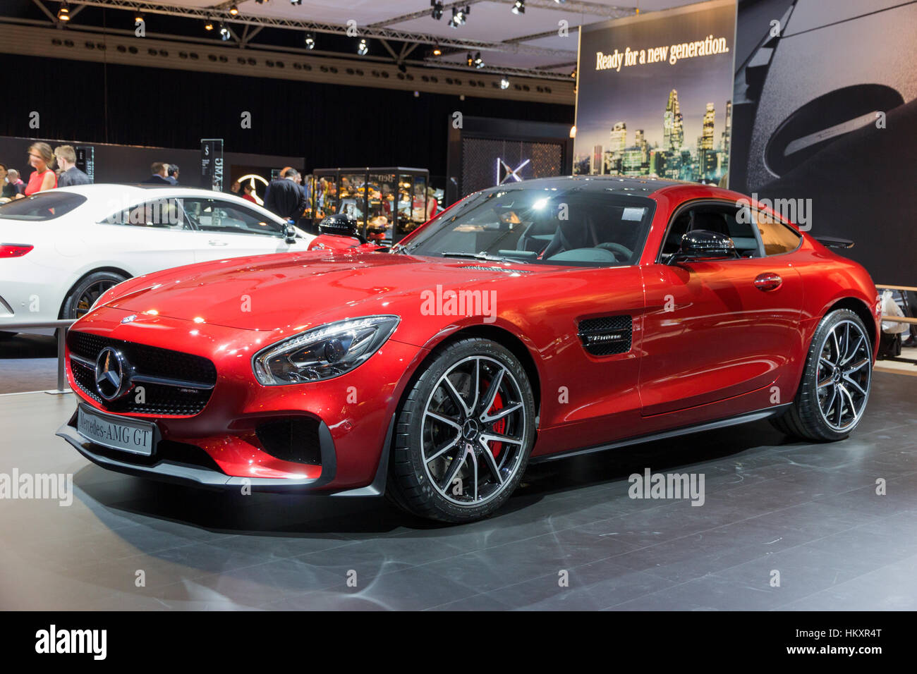 AMSTERDAM - APRIL 16, 2015: Mercedes-AMG GT sports car at the AutoRAI 2015. Stock Photo