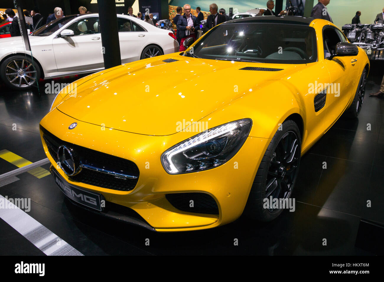 FRANKFURT, GERMANY - SEP 16, 2015: Yellow Mercedes-Benz SLS AMG sports car at the IAA 2015. Stock Photo