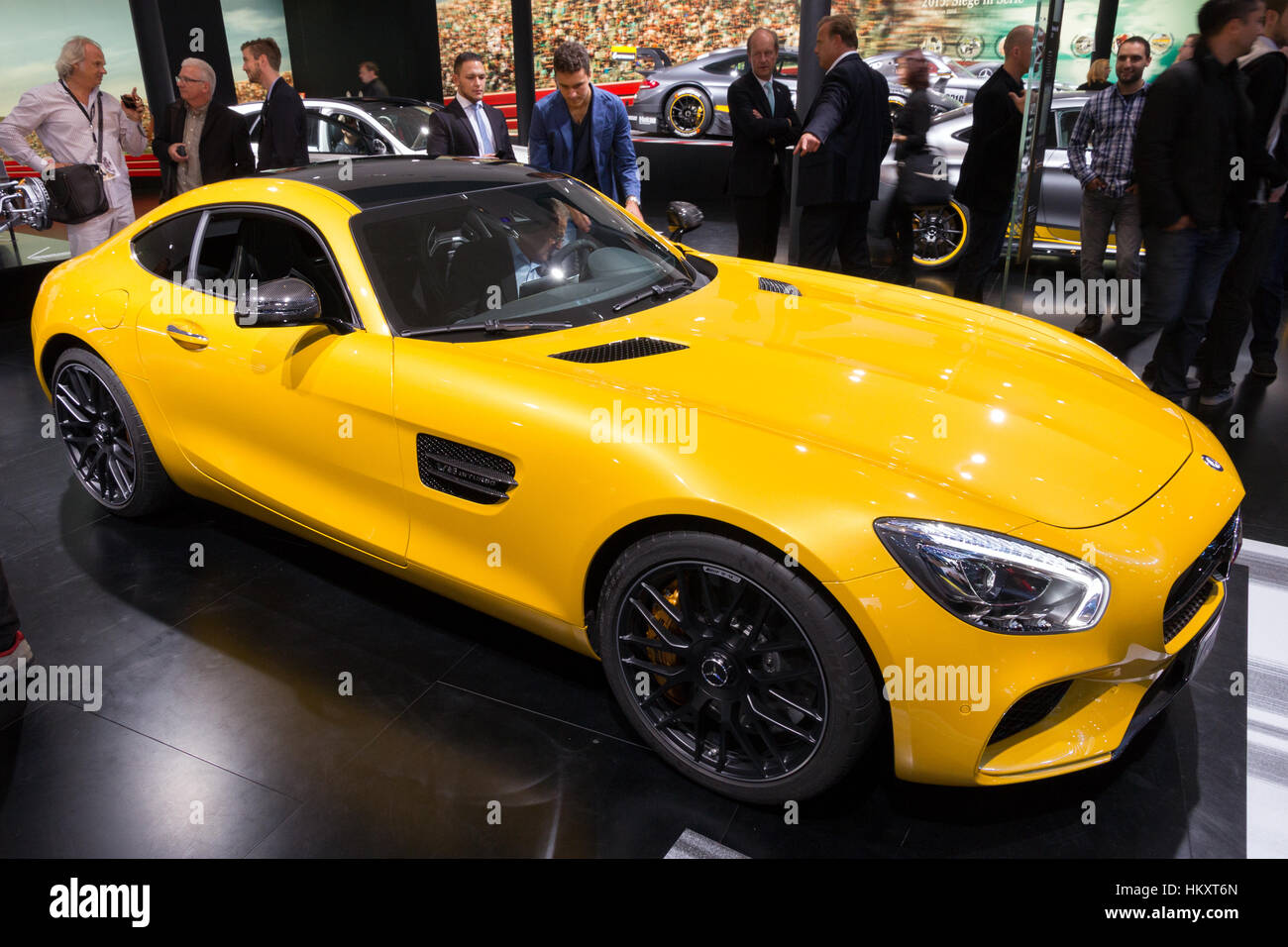 FRANKFURT, GERMANY - SEP 16, 2015: Yellow Mercedes-Benz SLS AMG sports car at the IAA 2015. Stock Photo