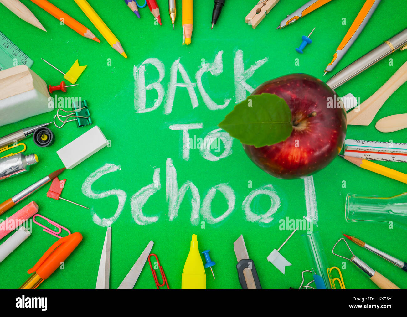 School supplies on Green chalkboard " Back to school background Stock ...