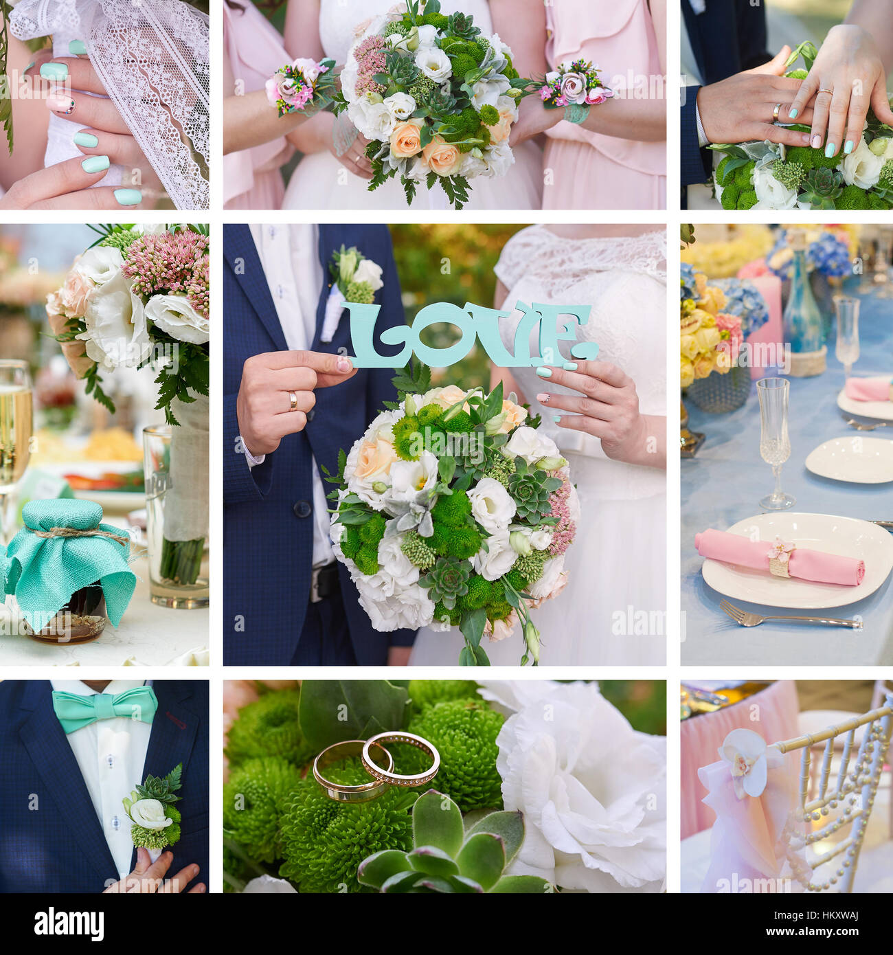 Wedding collage bride groom, attributes of the bouquet and rings Stock ...