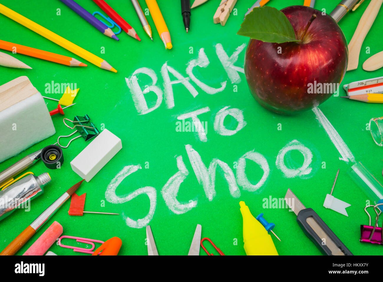 School supplies on Green chalkboard " Back to school background Stock ...