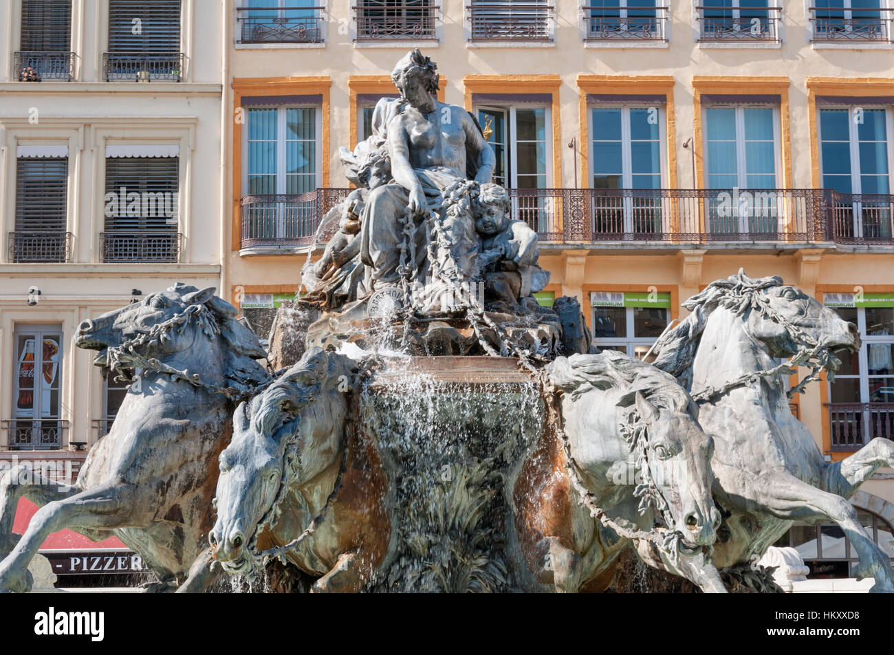 Lyon, France. Symbol of the city, famous Bartholdi fountain on the Terreaux square Stock Photo