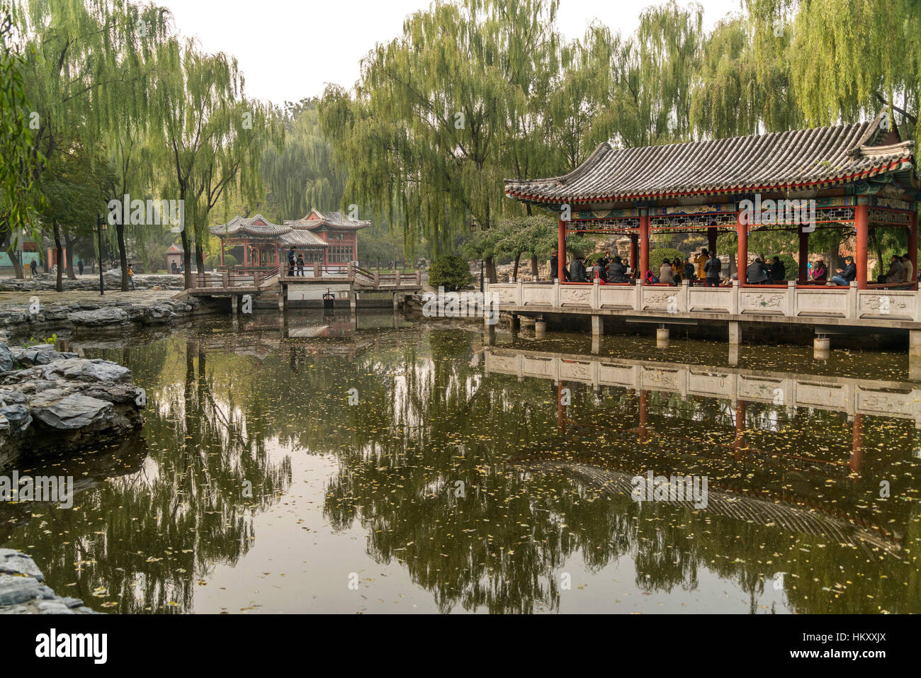Lake with pavilion, Ritan Park, Beijing, China Stock Photo