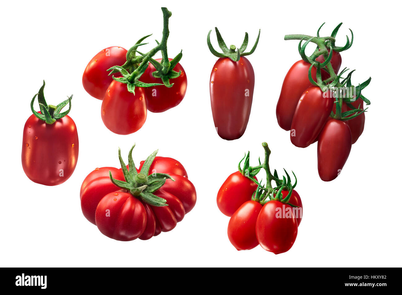 Set of Italian tomatoes: Roma VF, San Marzano, Costoluto Fiorentino. Clipping path for each tomato, shadowless Stock Photo