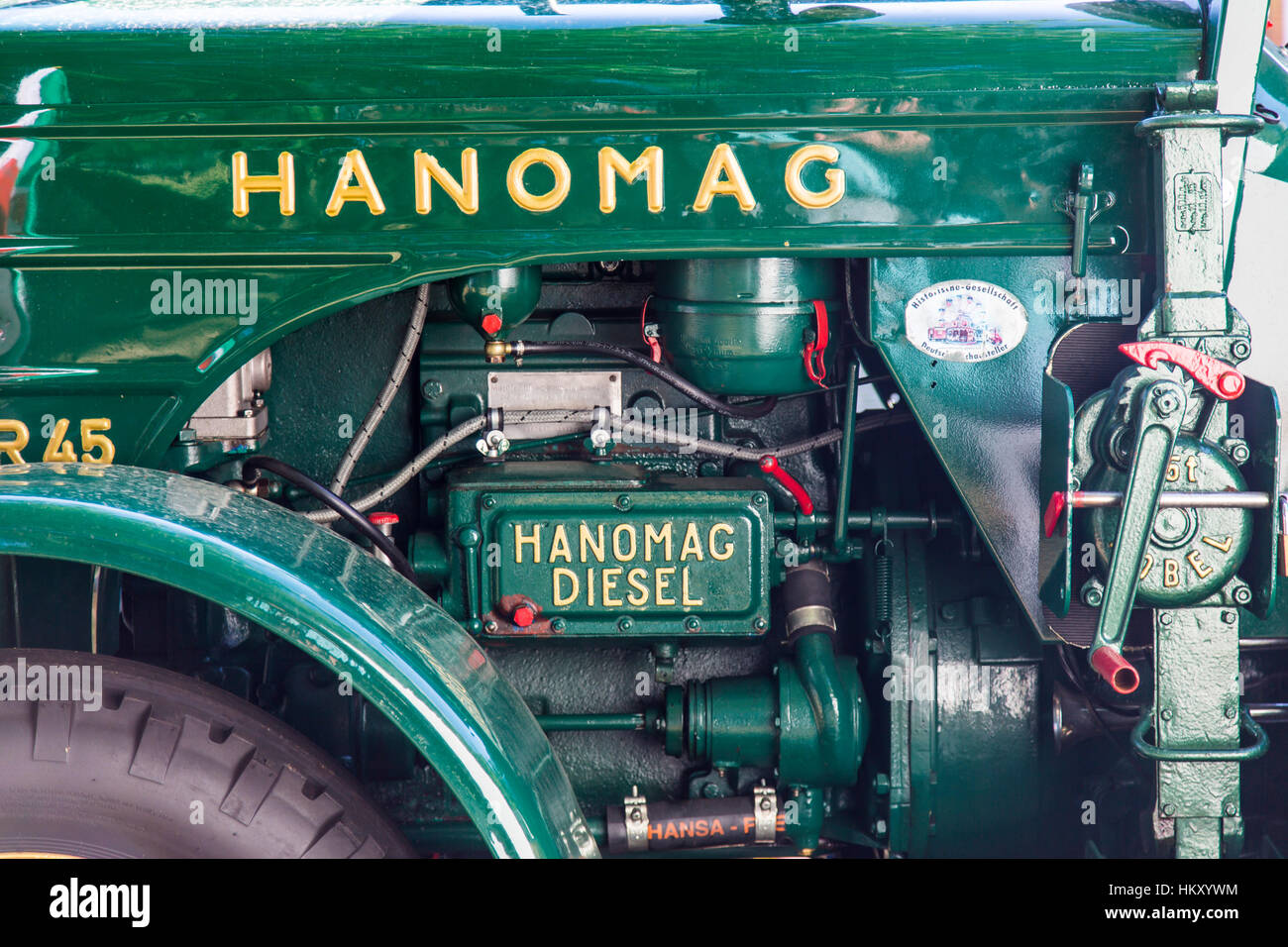 Engine of an old Hanomag diesel tractor, Stock Photo