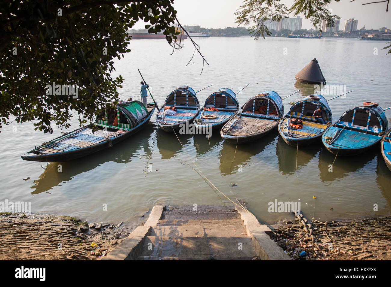 Boats on the Hooghly River in Kolkata (Calcutta), West Bengal, India. Stock Photo