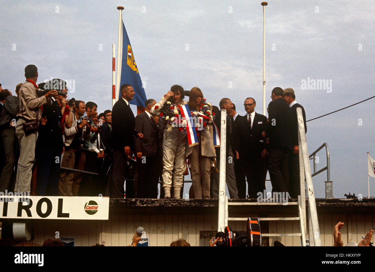1969 Jackie Stewart GB and wife Helen on Podium after winning Dutch GP. Stock Photo
