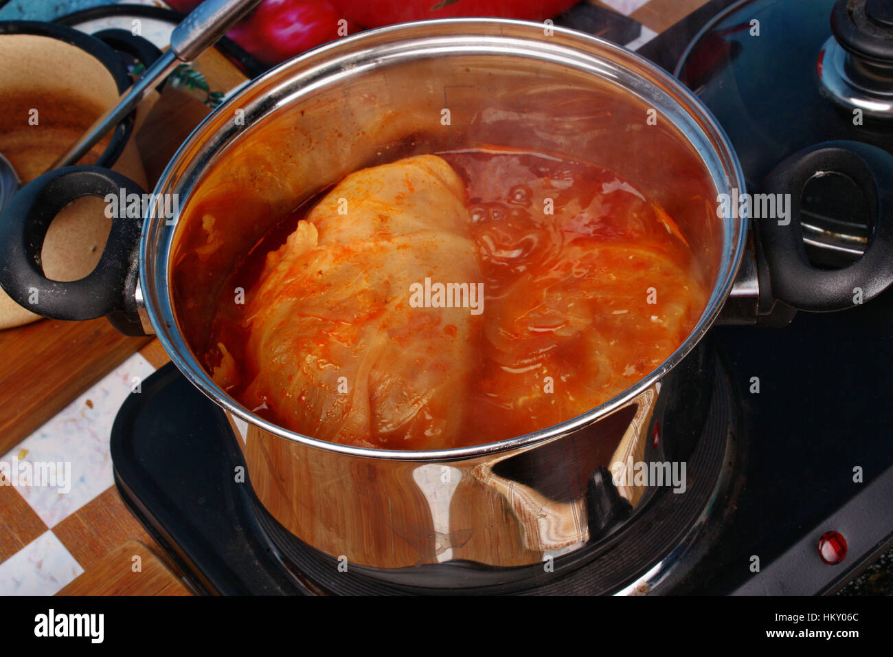 Stuffed cabbage rolls cooking in a pot, Poland traditional dishes Stock
