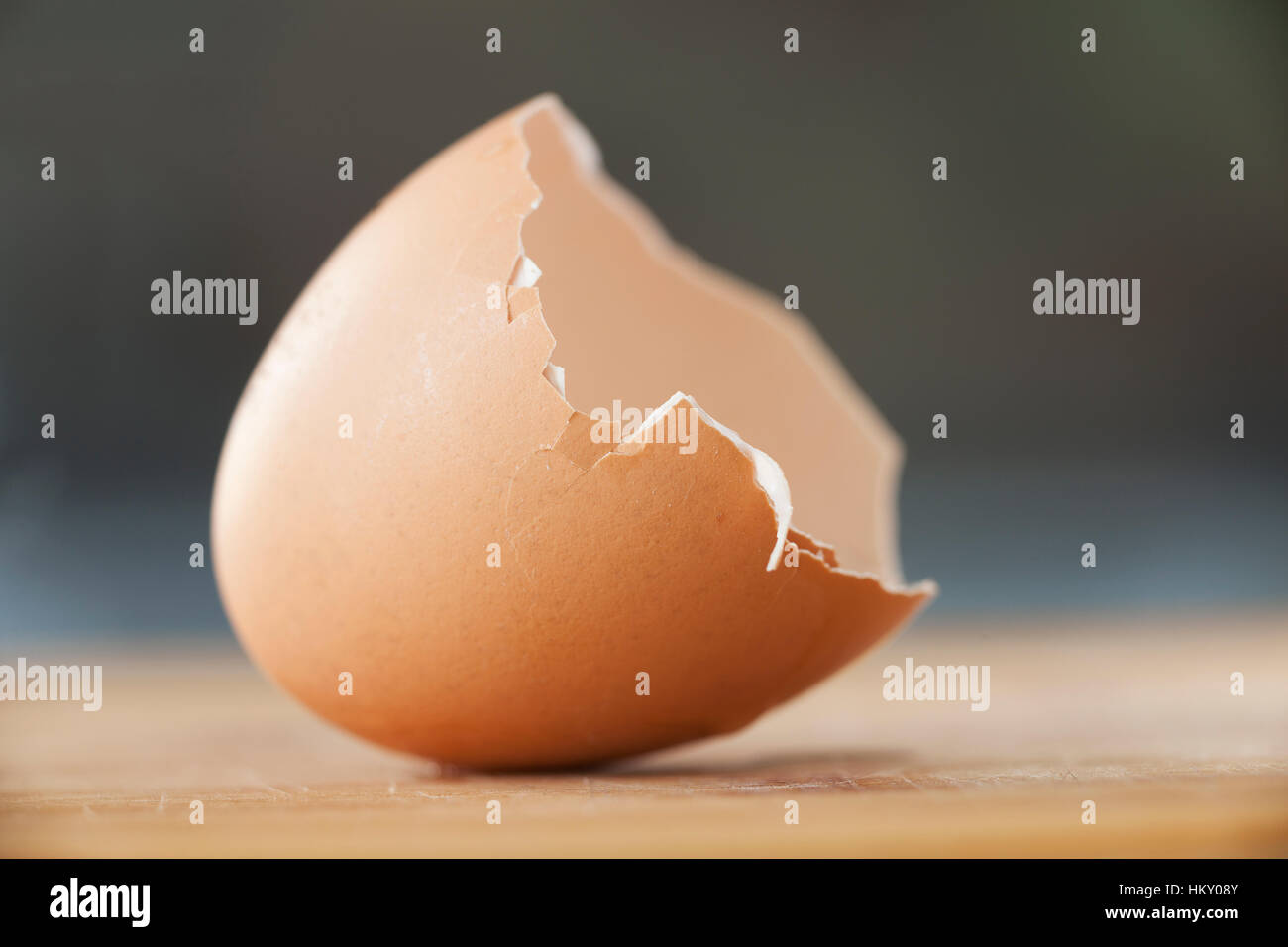A broken half of an eggshell on a wooden work surface. Stock Photo