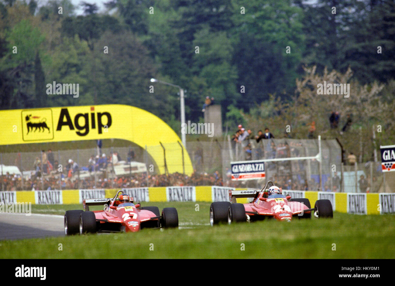 1982 Gilles Villeneuve Canadian 2nd & Didier Pironi French 1st Ferrari 126C2s Imola San Marino GP.; FL; Stock Photo