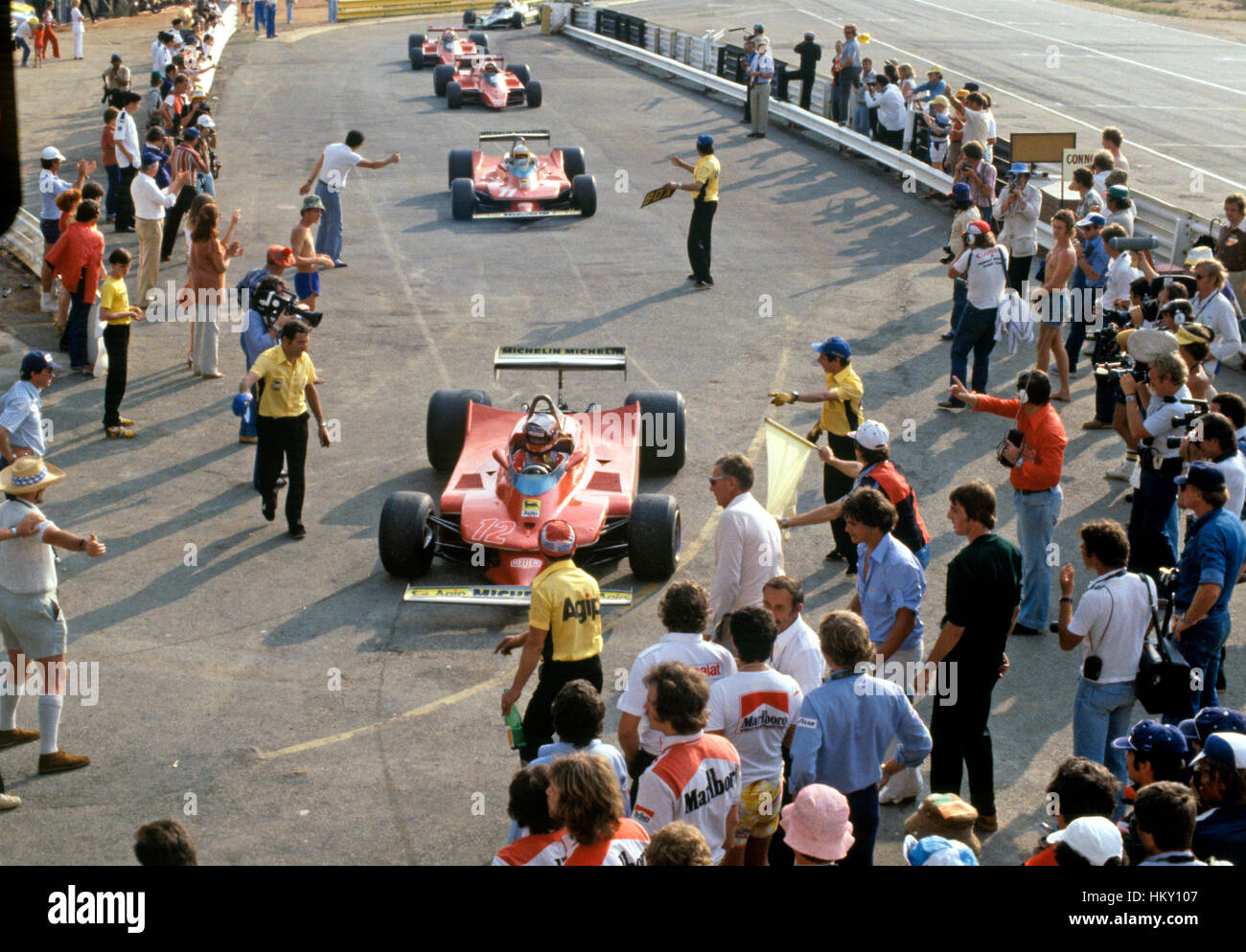 1979 Jody Scheckter SA & Gilles Villeneuve Canadian Ferrari 312T3s Pits FL Stock Photo