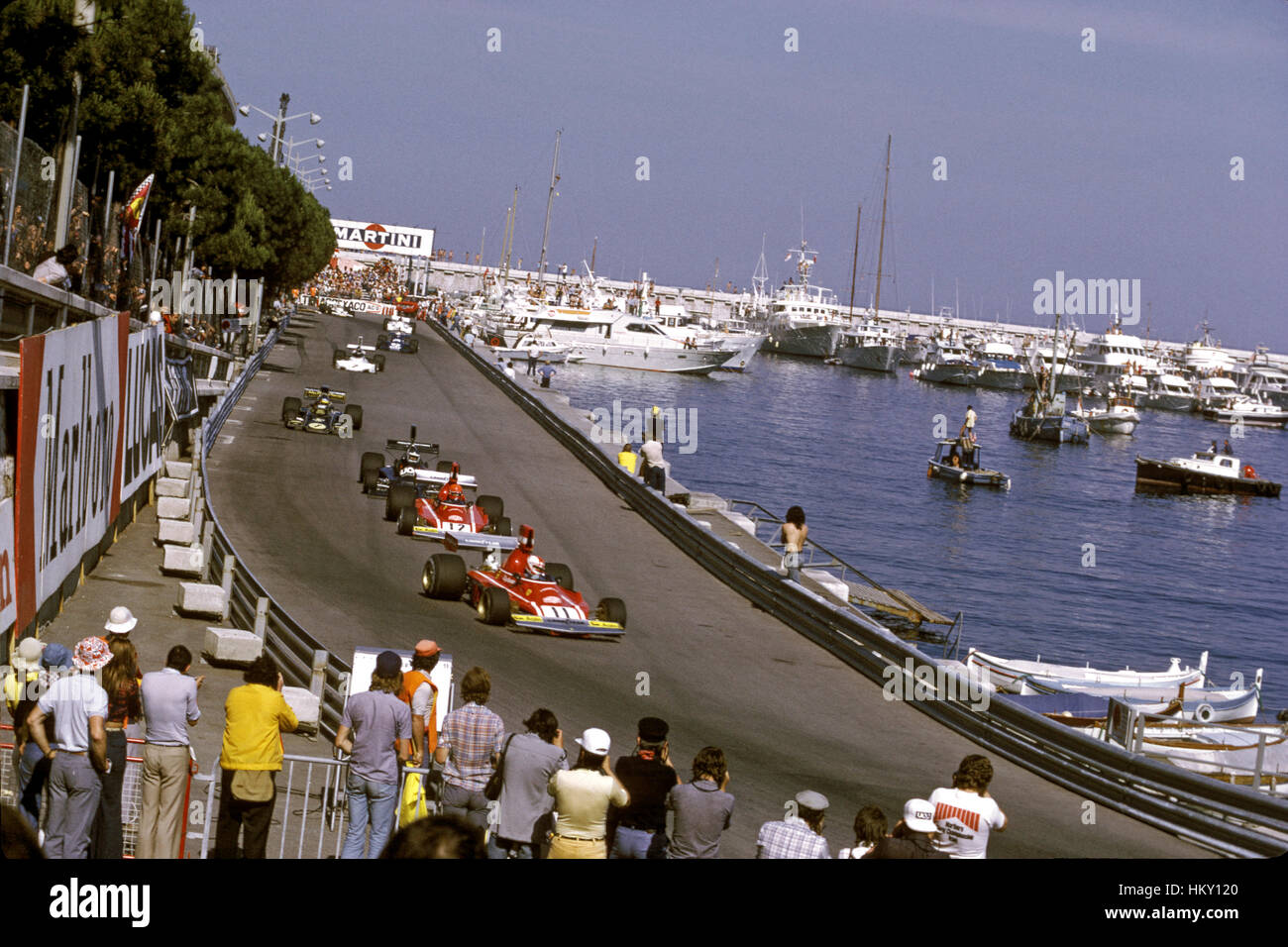 1974 Clay Regazzoni Swiss Ferrari 312B3 leads opening lap Monaco GP 4th GG Stock Photo
