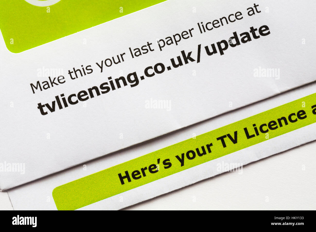Make this your last paper license at tvlicensing - details on correspondence about TV license Stock Photo