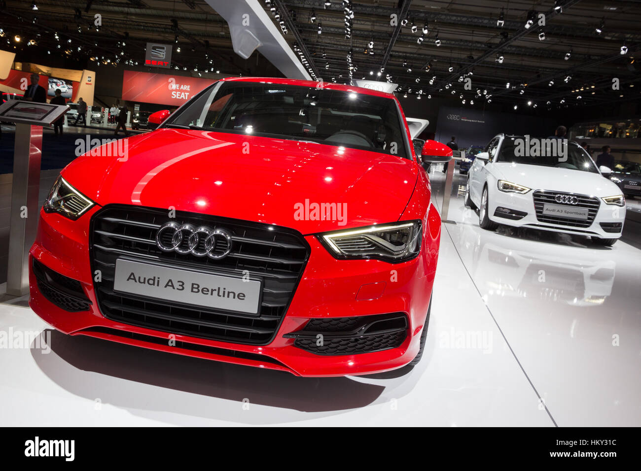 BRUSSELS - JAN 12, 2016: Audi A3 Berline and Audi A3 Sportback on display at the Brussels Motor Show. Stock Photo