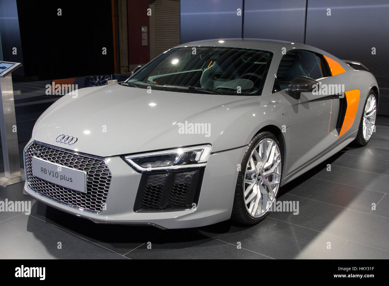 BRUSSELS - JAN 12, 2016: Audi R8 V10 Plus on display at the Brussels Motor Show. Stock Photo