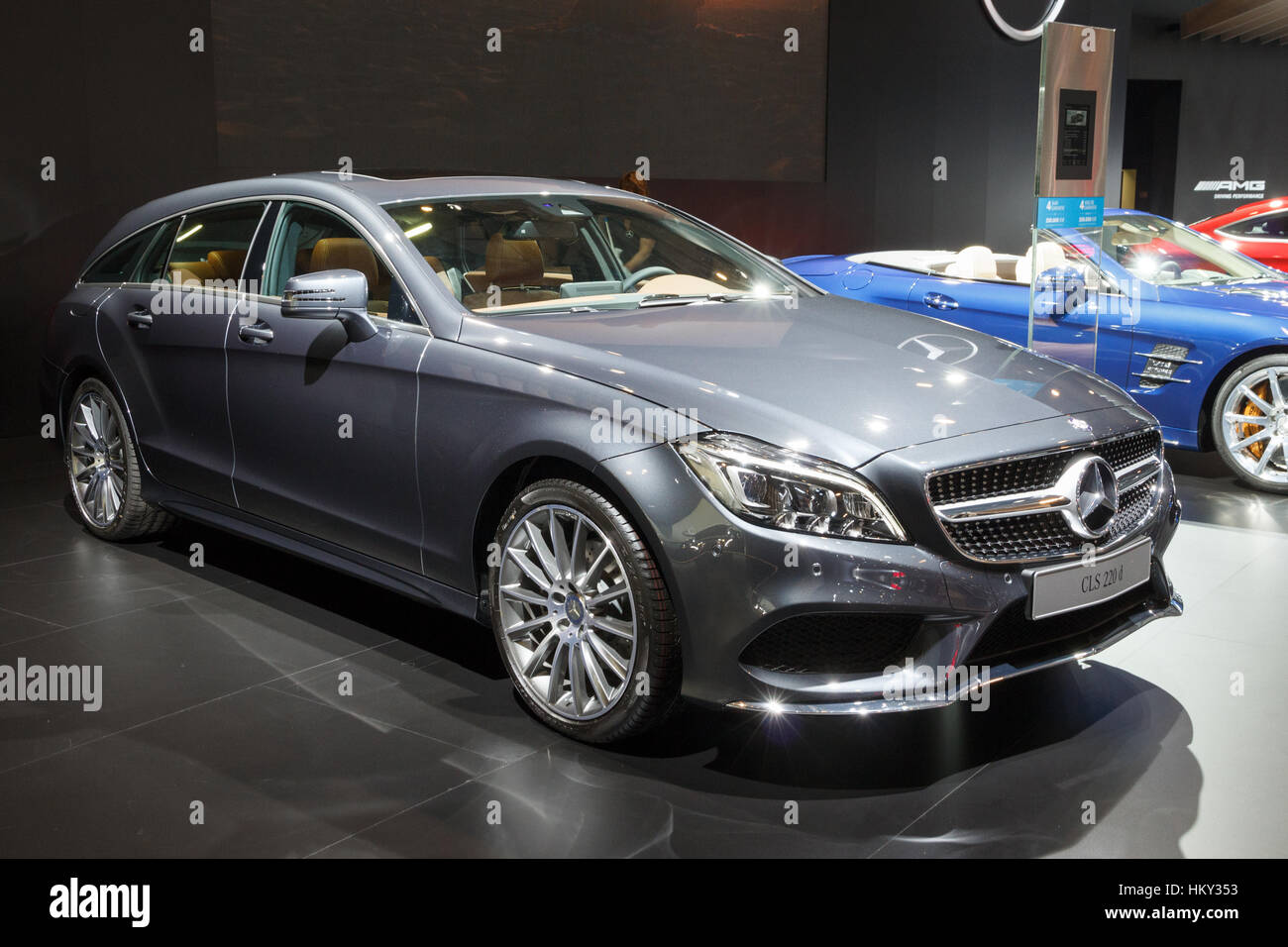 BRUSSELS - JAN 12, 2016: Mercedes-Benz CLS-class saloon CLS 220d AMG Line on display at the Brussels Motor Show. Stock Photo