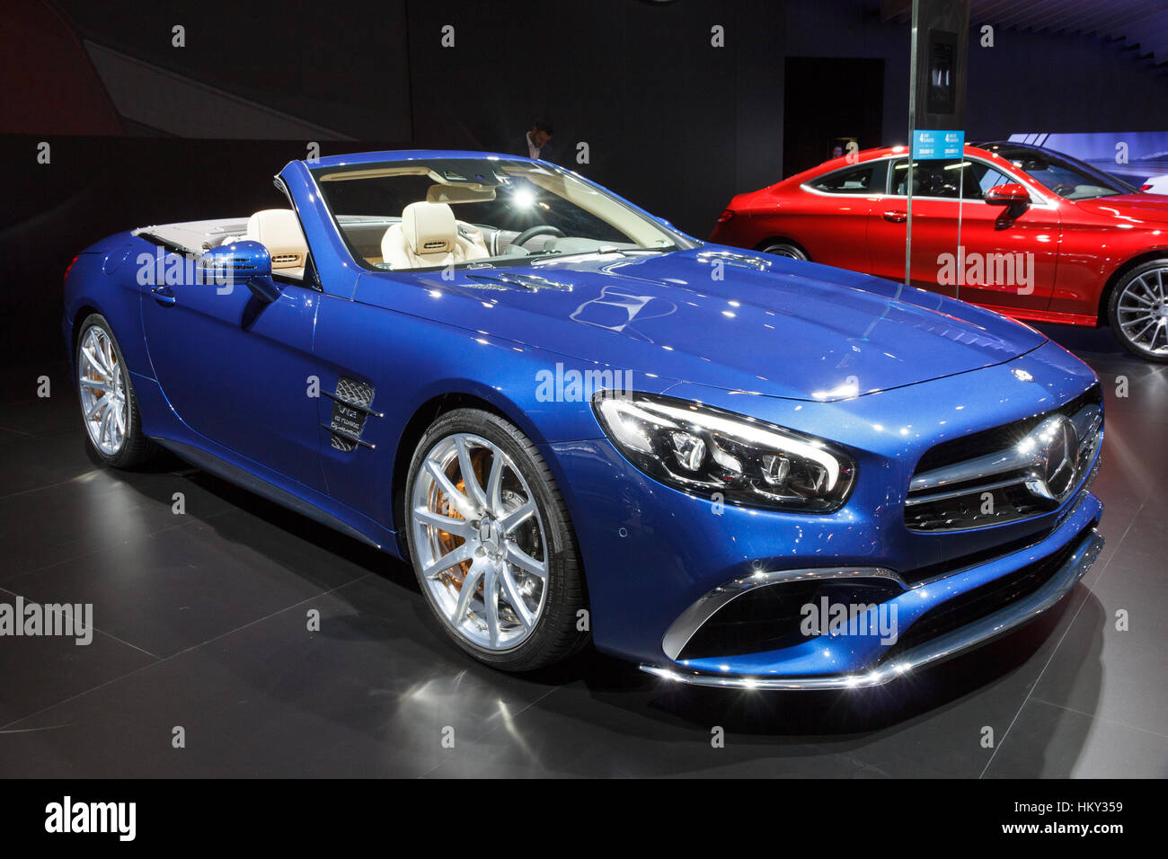 BRUSSELS - JAN 12, 2016: New Mercedes AMG SL65 Convertible Roadster on display at the Brussels Motor Show. Stock Photo