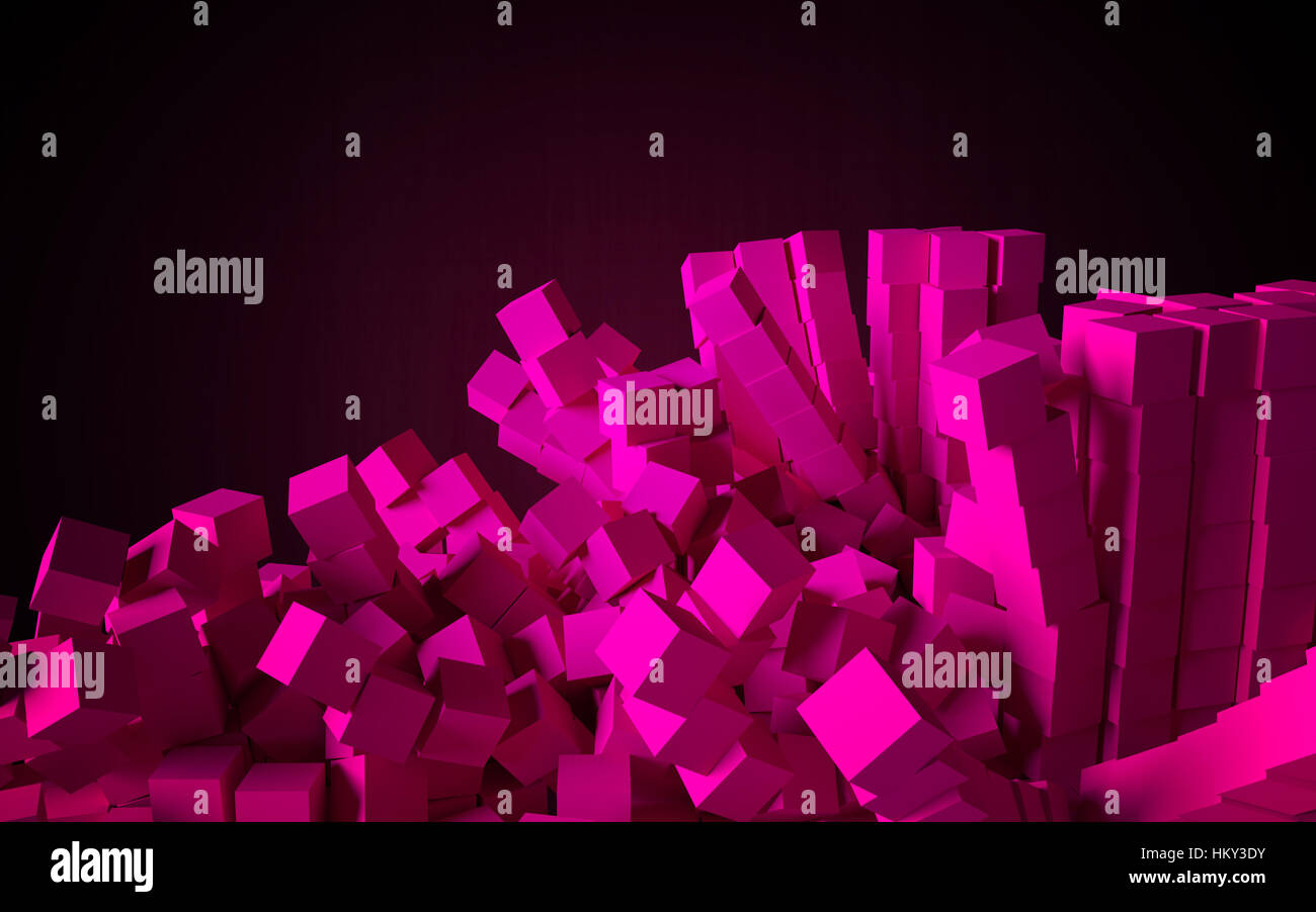 Falling cubes as purple abstract objects. 3D rendered image for background, wallpaper or design element. Stock Photo
