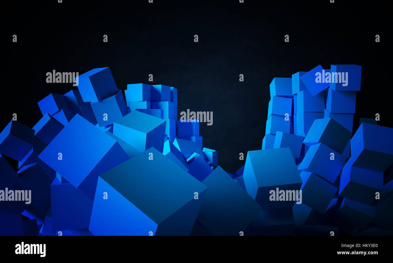 Falling cubes as blue abstract objects. 3D rendered image for ...