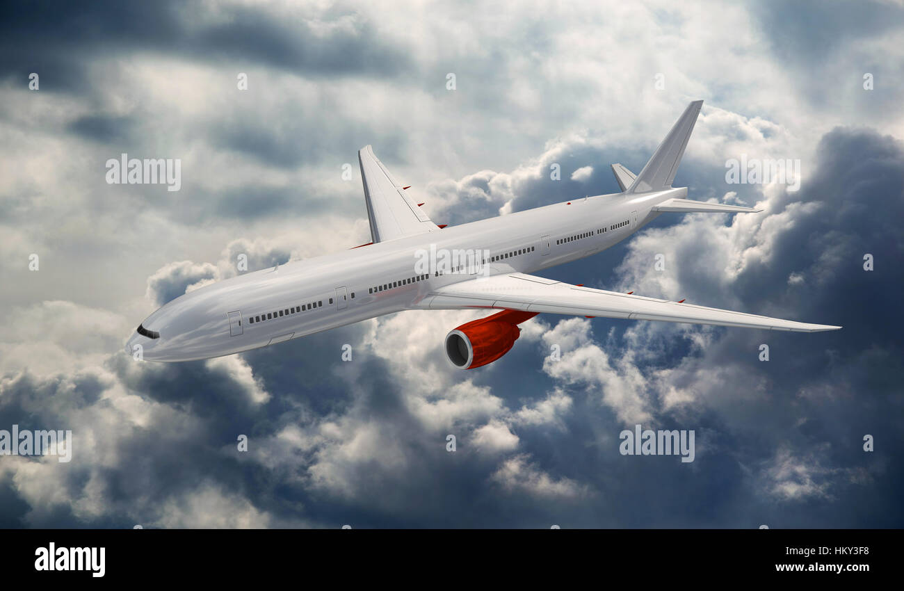 Big airplane above the clouds. Airliner in the heaven. Commercial plane on the dramatic storm sky. Stock Photo