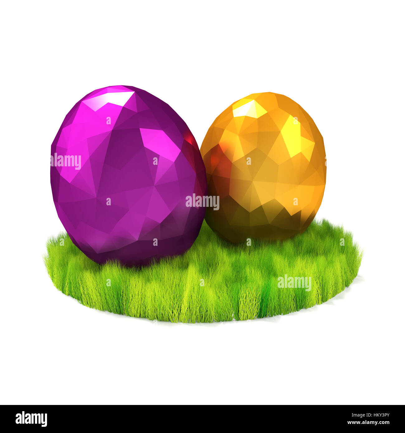 Two eggs on the green lawn. Easter symbols. Low poly 3D render. Stock Photo