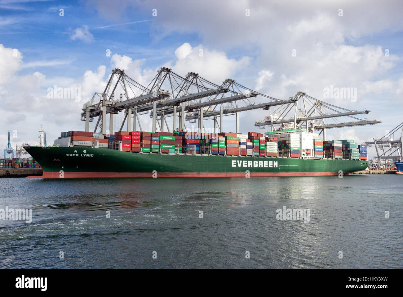 ROTTERDAM, NETHERLANDS - MAR 16, 2016: Container ship Ever Lyric from Evergreen moored at the ECT container terminal in the Port of Rotterdam. Stock Photo