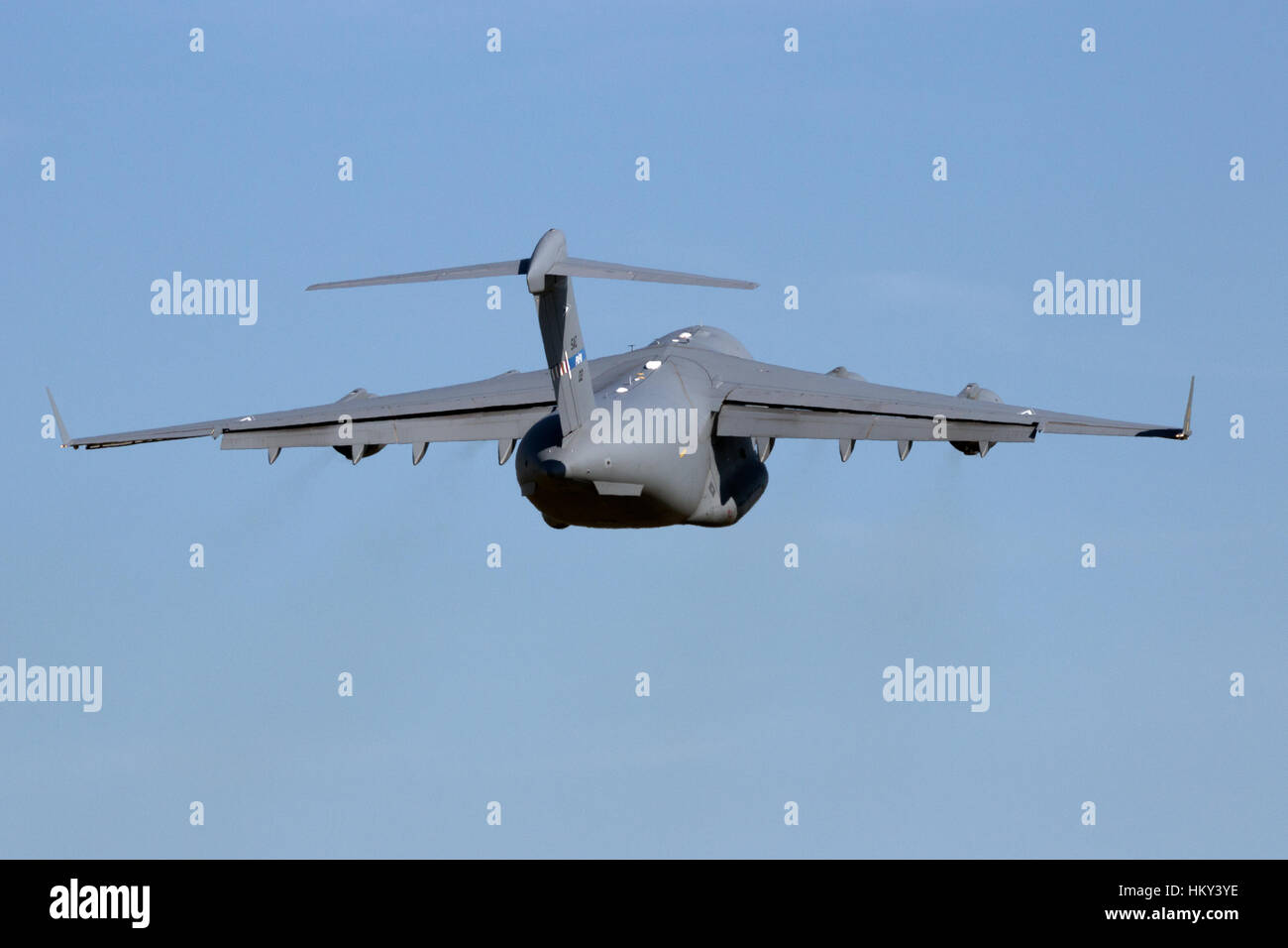GILZE RIJEN, NETHERLANDS - SEP 7, 2016: Hungarian Air Force Boeing C-17 Globemaster III take off. The plane belongs to SAC and is used by a consortium Stock Photo