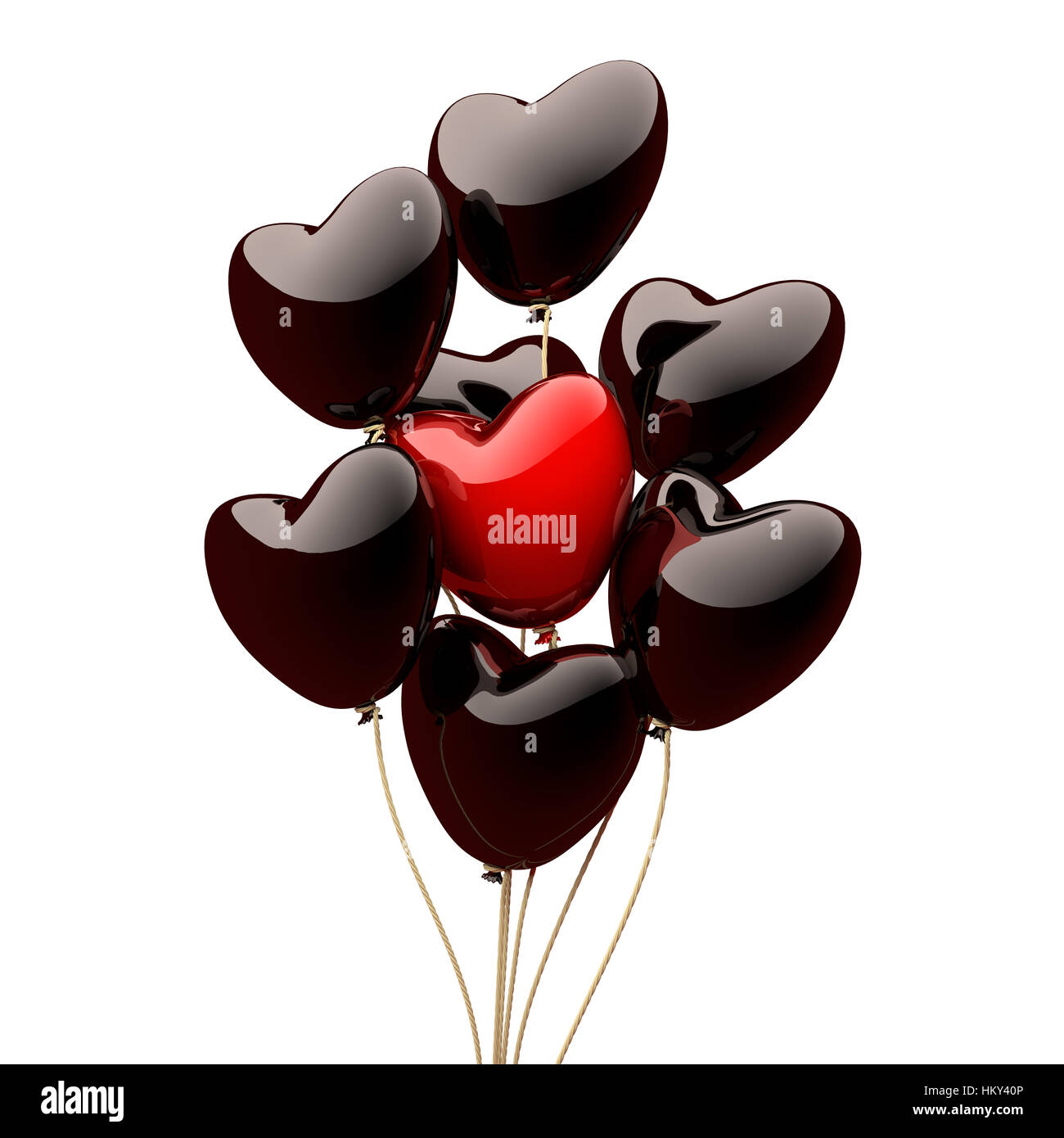 Black heart balloons isolated on the white background. 3D render image. Stock Photo