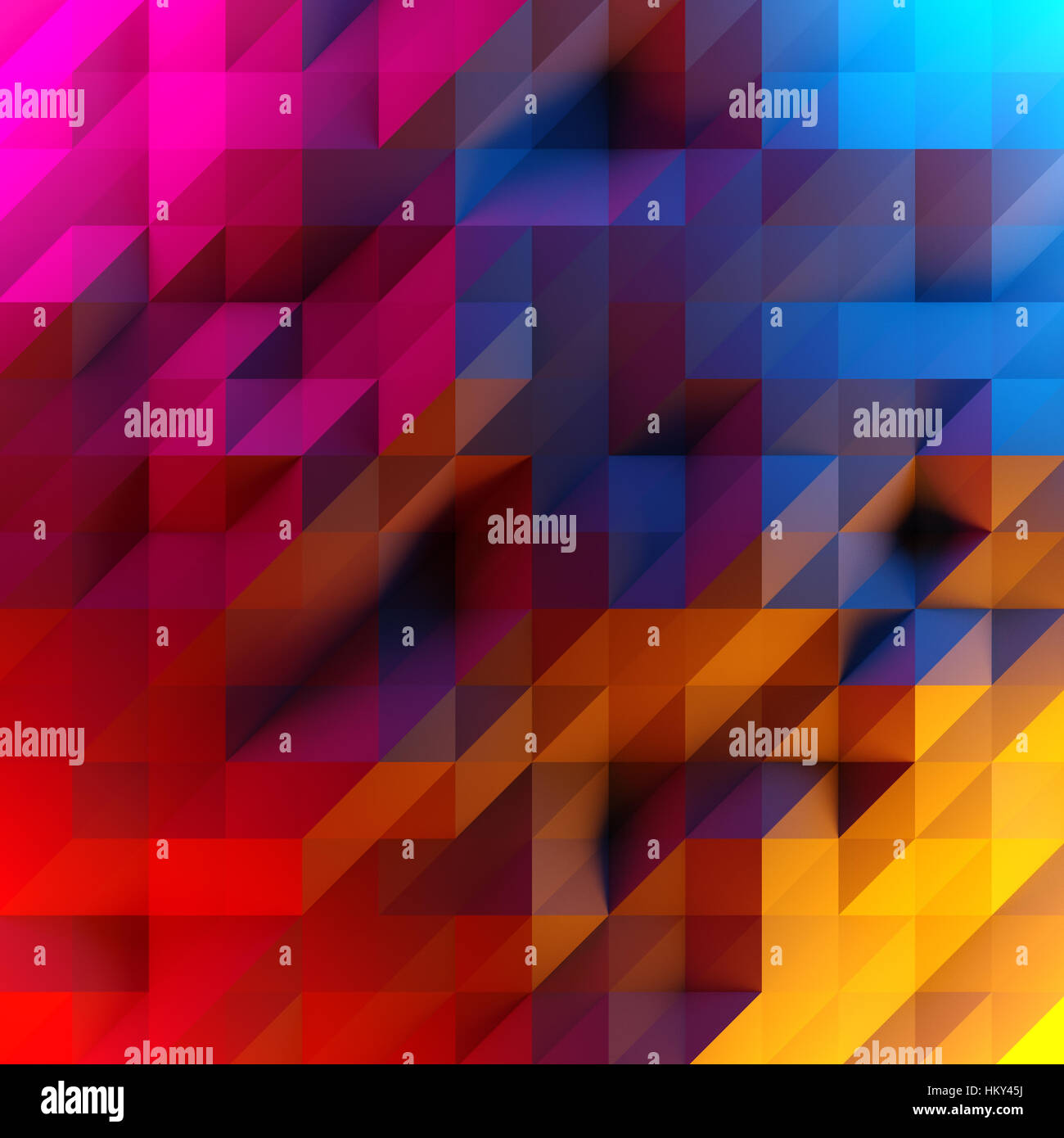 Abstract background of low poly triangles. 3D render image. Red, purple, orange and blue lighting. Stock Photo