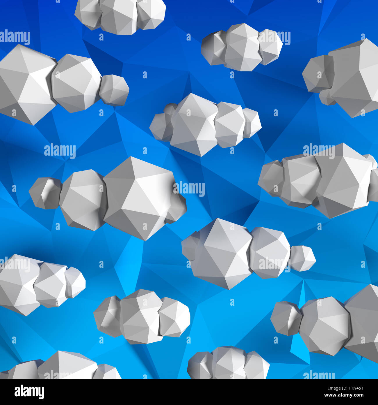 Low poly clouds on the blue triangle sky. 3D render image. Stock Photo
