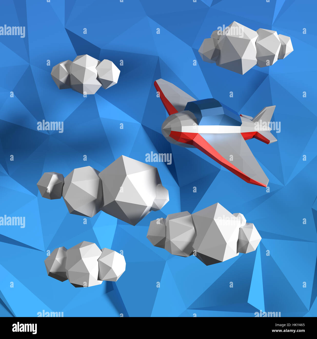 Low poly sky with clouds and small airplane. Stock Photo